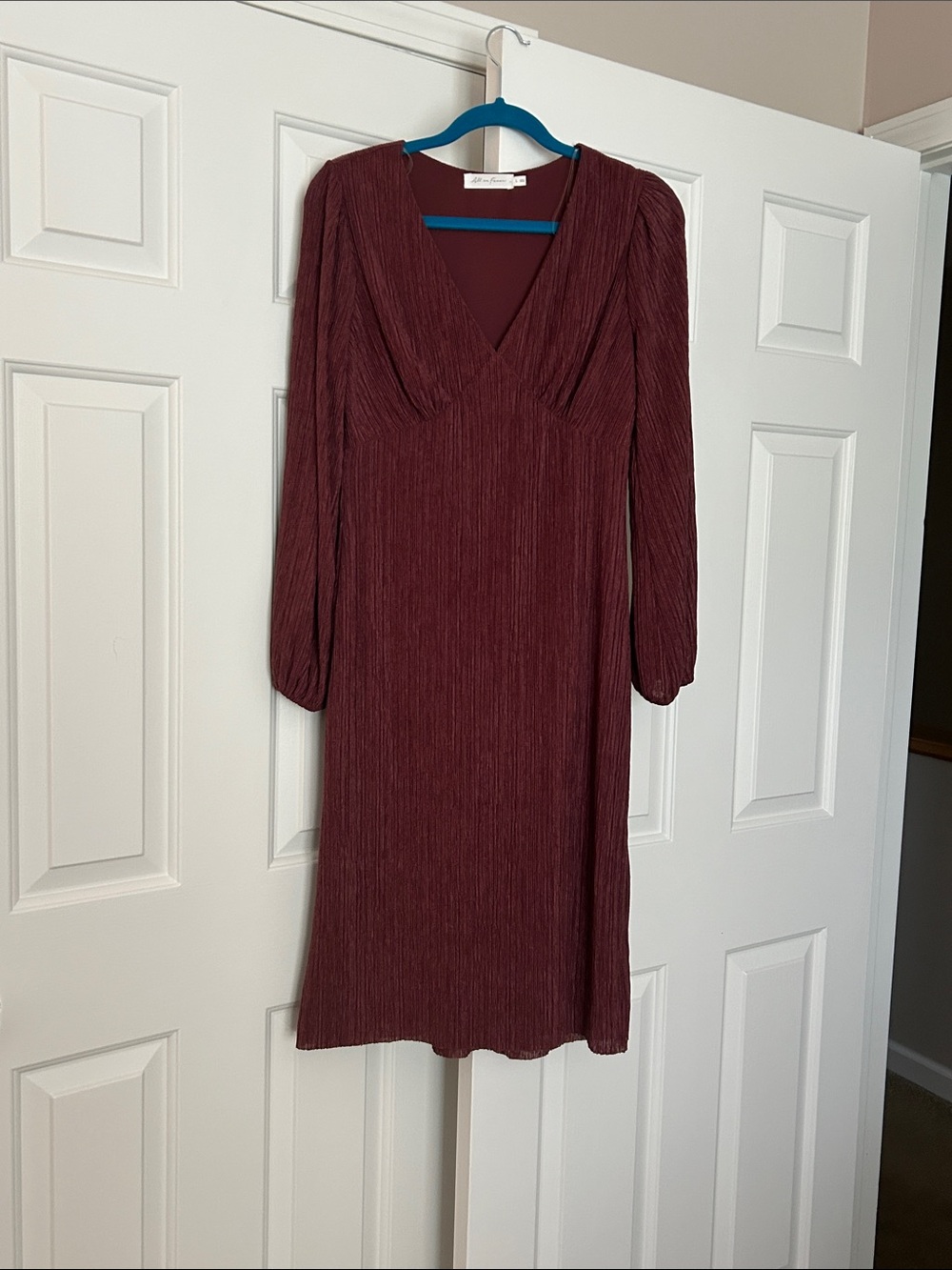 All in Favor Burgundy V-Neck Midi Dress with Long Sleeves